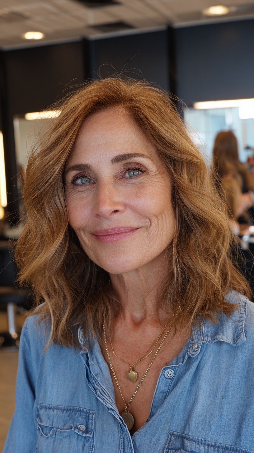 Sun-Kissed Caramel Shoulder-Grazing Lob with Broken-Wave Texture