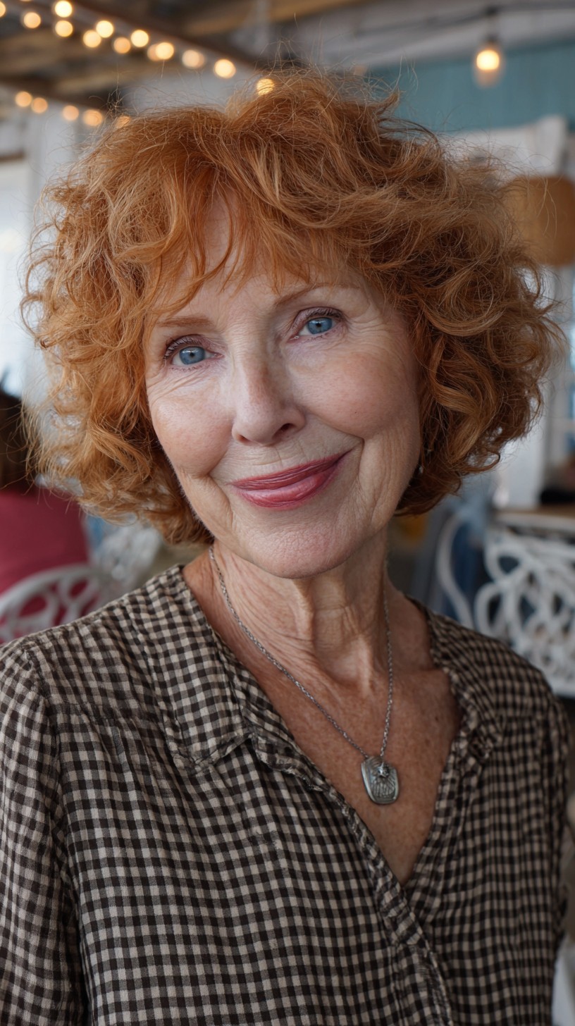 Sunlit Ginger Curly Chin-Length Bob with Sheer Baby Bangs