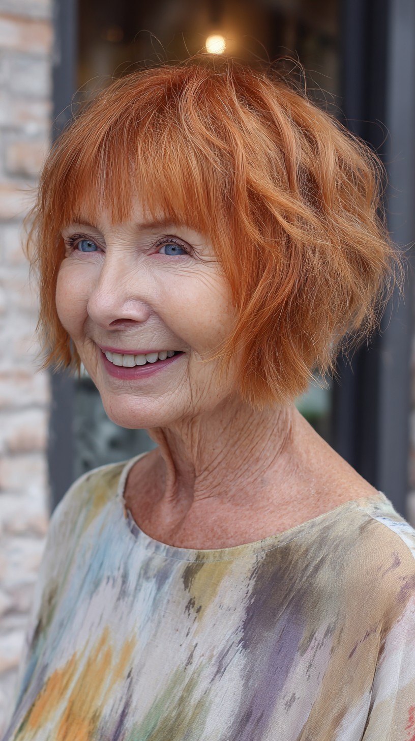 Textured Copper Chin-Length Bob with Short Blunt Bangs