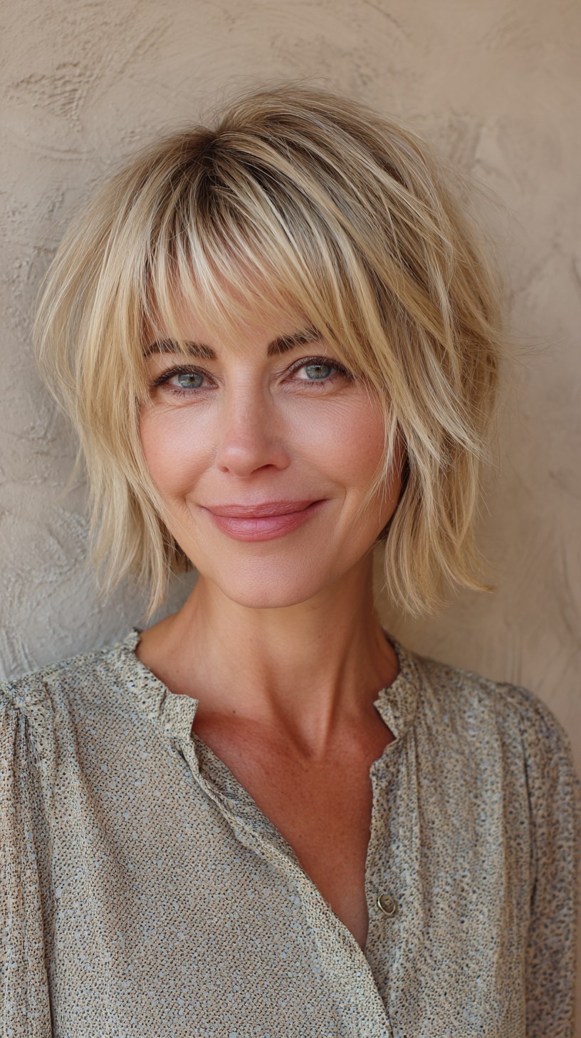 Textured Shaggy Blonde Bob with Feathered Fringe