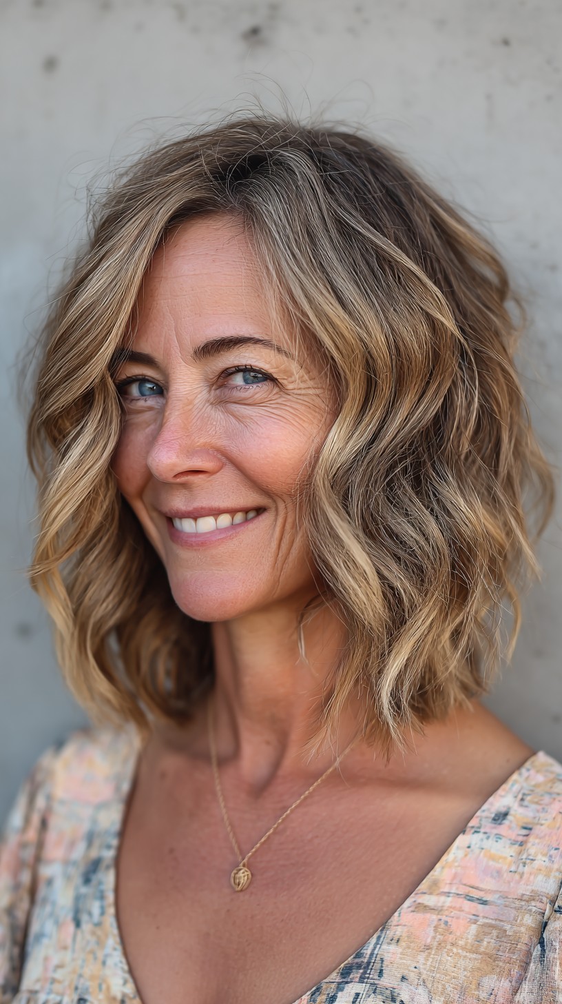 Textured Shoulder-Grazing Wavy Lob with Blended Silver Roots