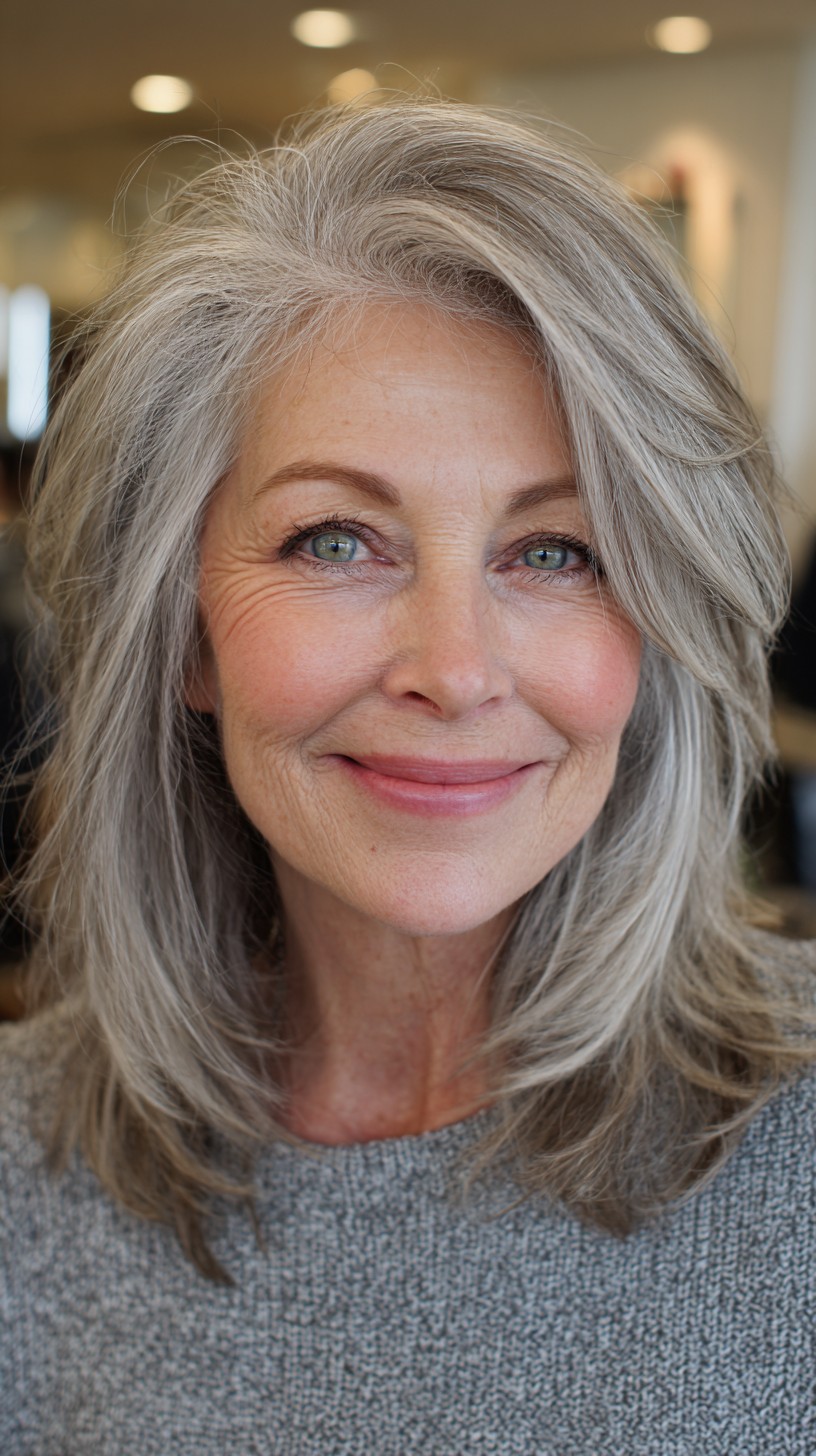 Textured Silver Shoulder-Length Layers with Deep Side Part and Flicked Ends