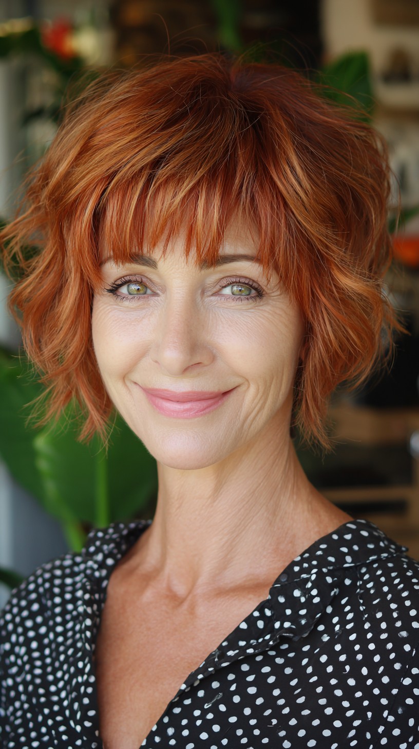 Vibrant Copper Choppy Jaw-Length Shag with Micro Bangs