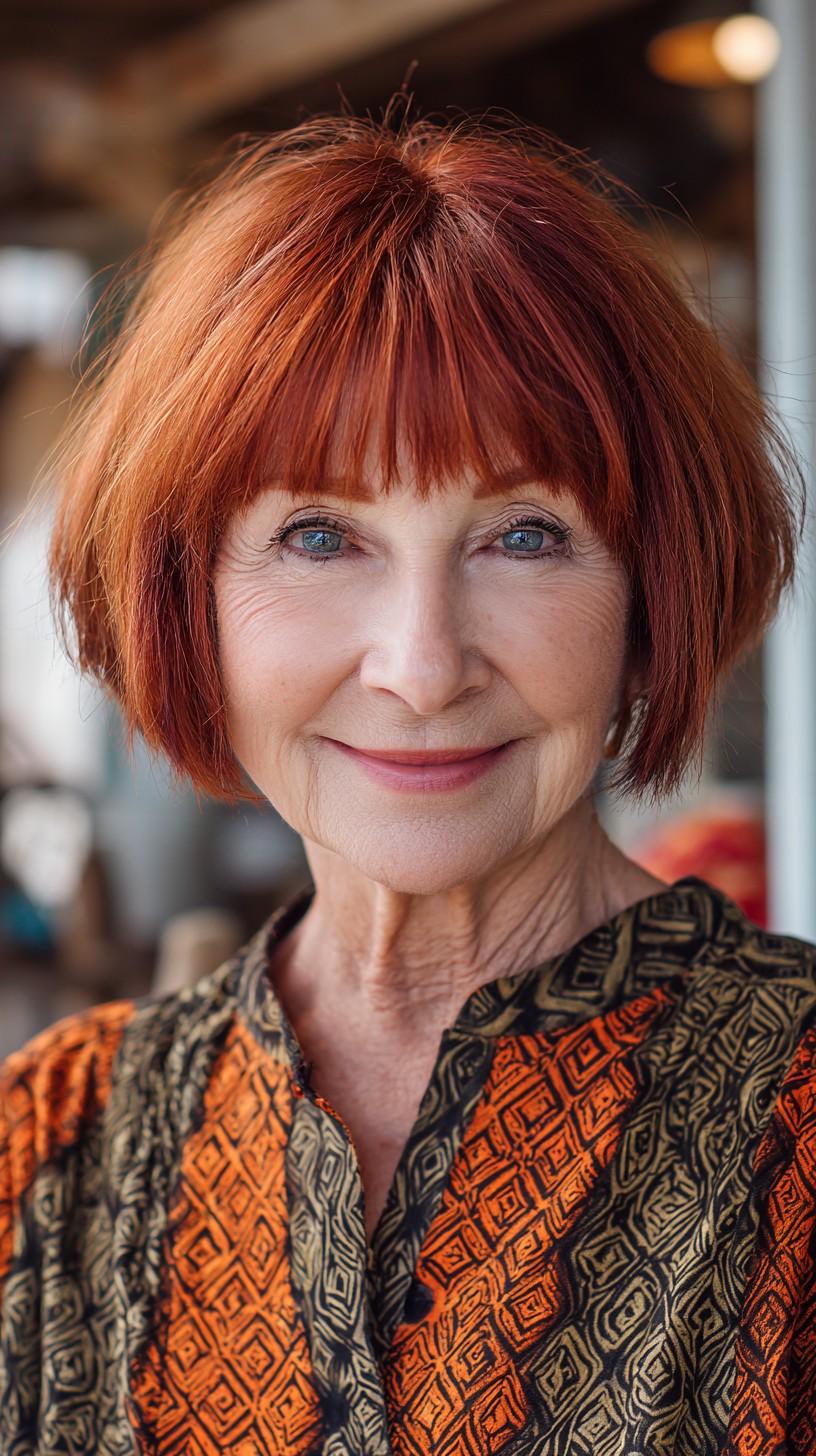 Vibrant Copper Rounded Bob with Blunt Brow-Grazing Fringe