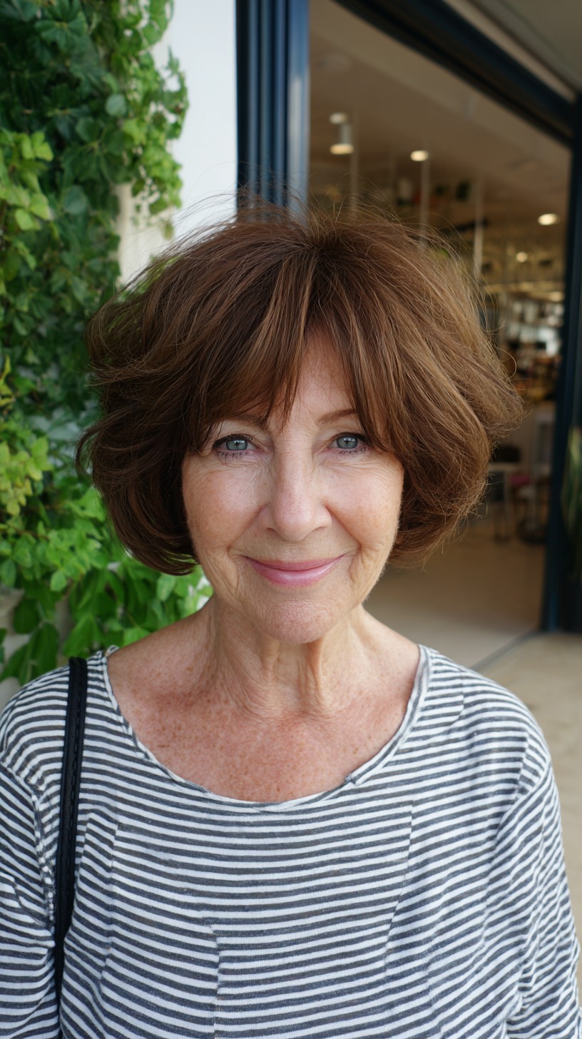 Voluminous Chestnut Layered Chin-Length Bob with Soft Blended Bangs