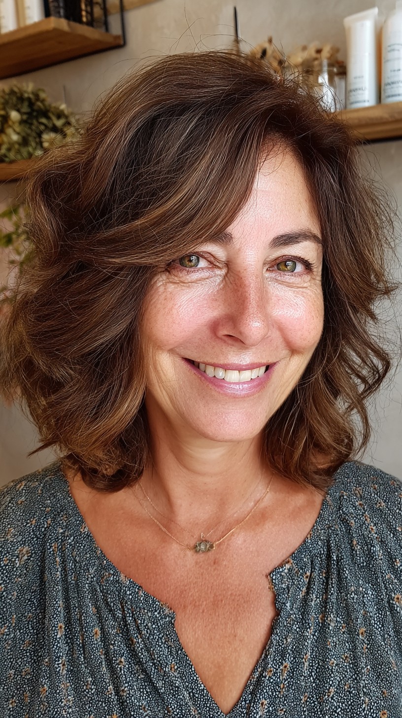 Voluminous Chestnut Layered Lob with Subtle Temple Lights
