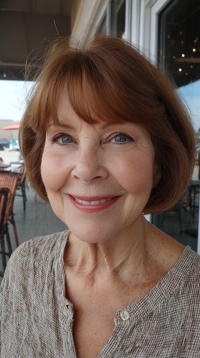 Warm Auburn Rounded Layered Bob with Brow-Skimming Bangs