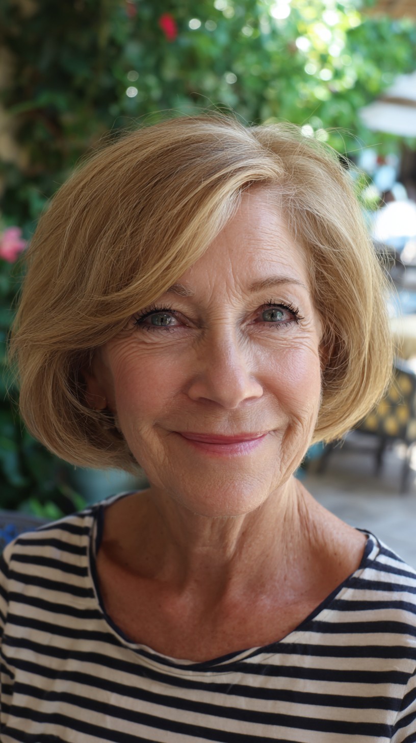 Warm Bronde Chin-Length Rounded Bob with Long Side Fringe