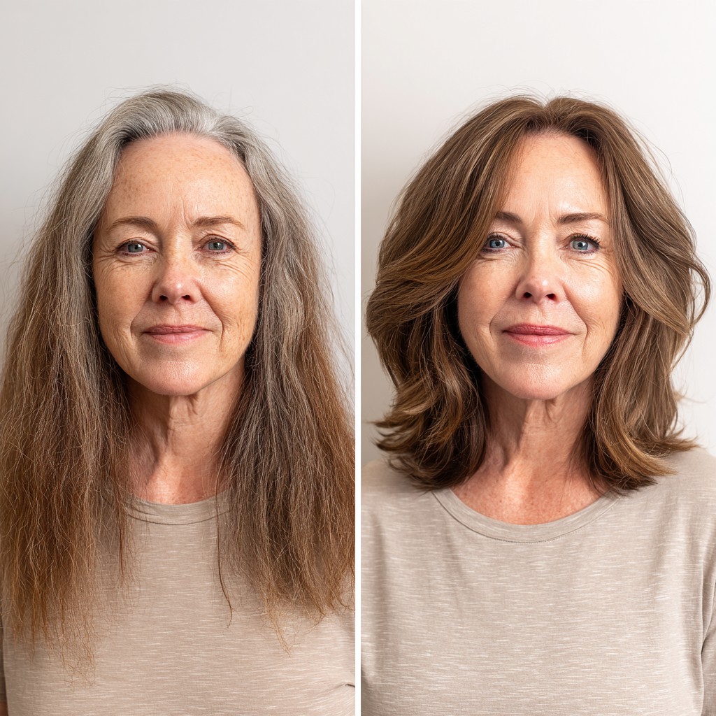 Warm Brunette Medium Layered Cut with Feathered Curtain and Crown Elevation