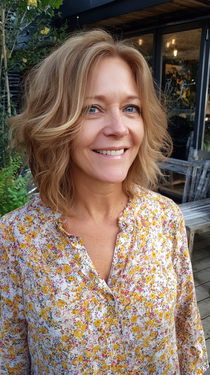 Warm Caramel Textured Shaggy Long Bob with Curtain Layering