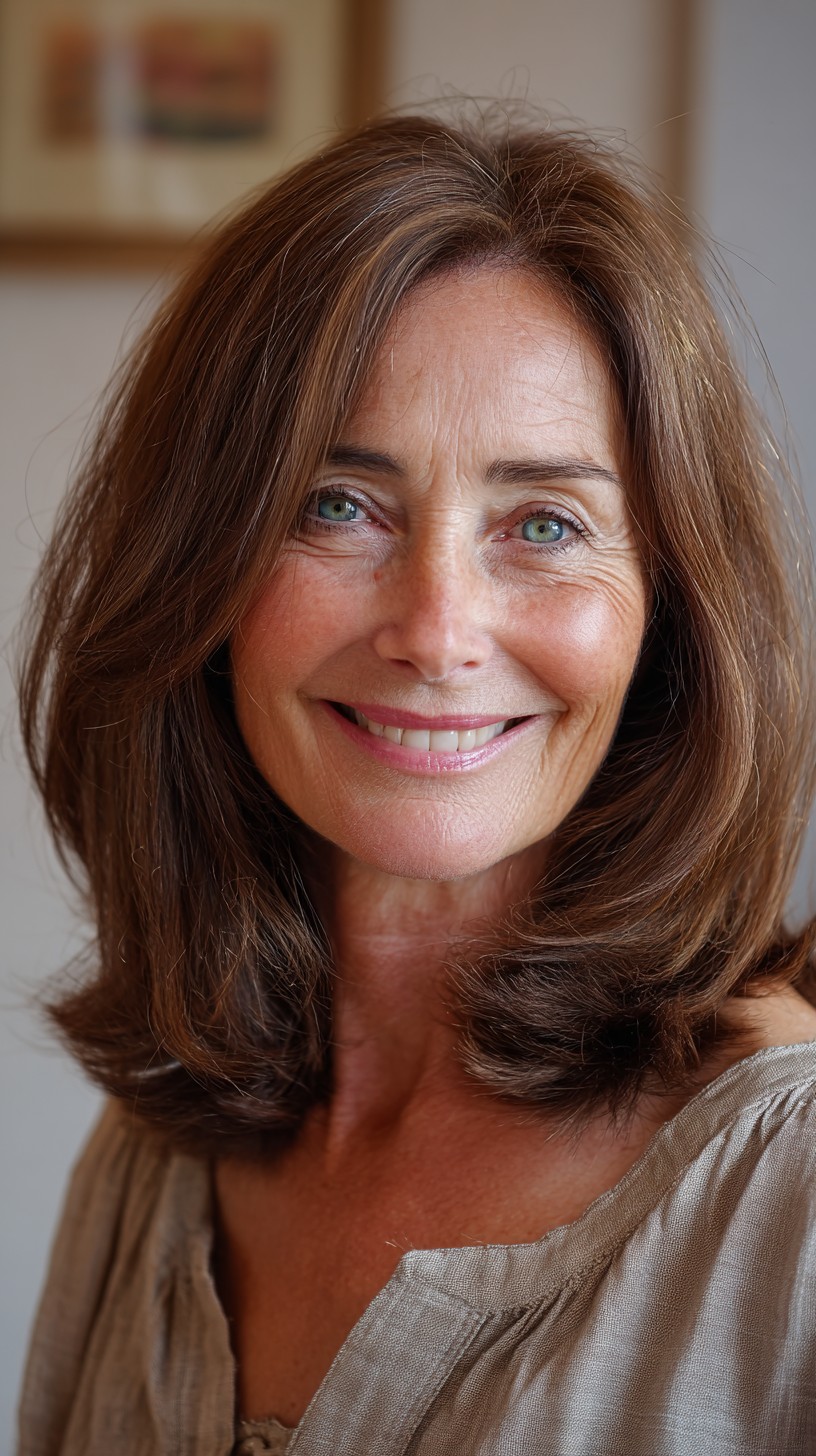 Warm Chestnut Shoulder-Length Layers with Root-Softening Gray