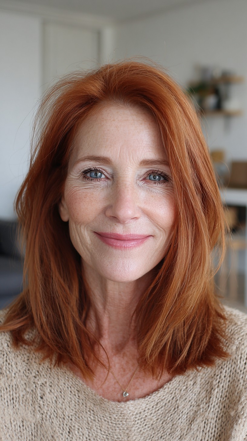 Warm Copper Layered Shoulder-Length Lob with Off-Center Part