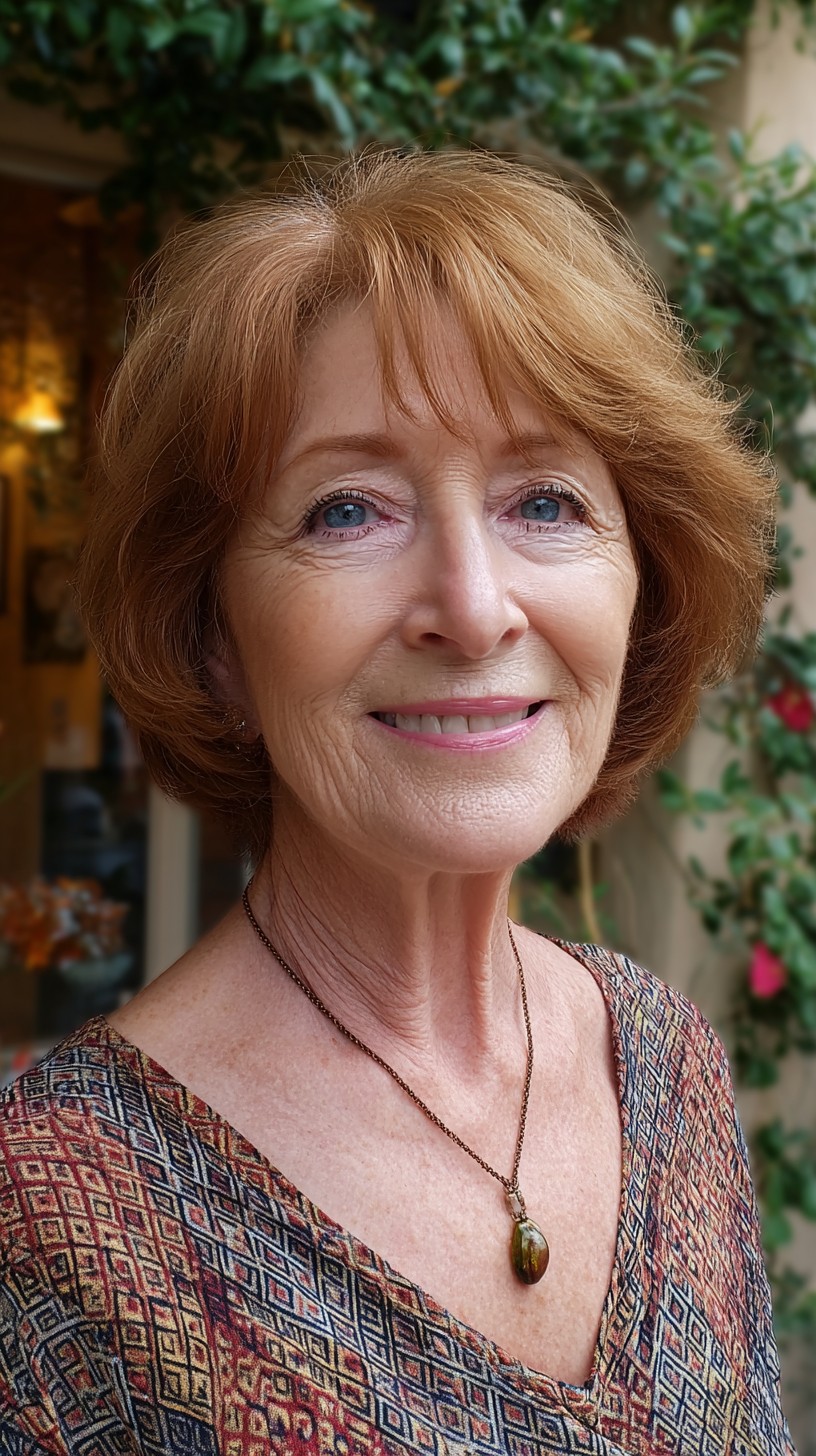 Warm Copper Rounded Bob with Micro Curtain Fringe and Lifted Crown