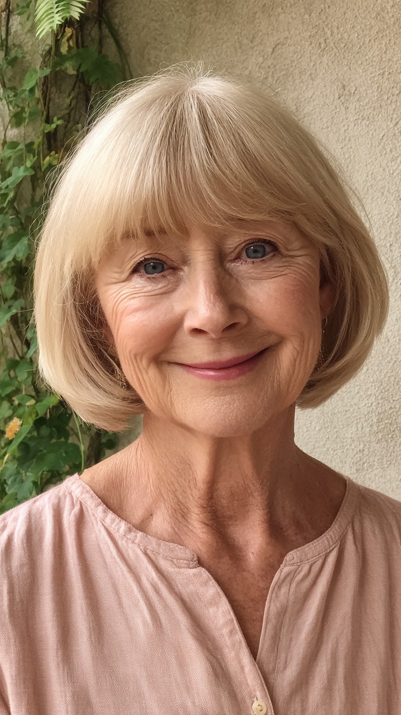 Ash-Beige Rounded Jaw-Length Bob with Soft Blunt Fringe