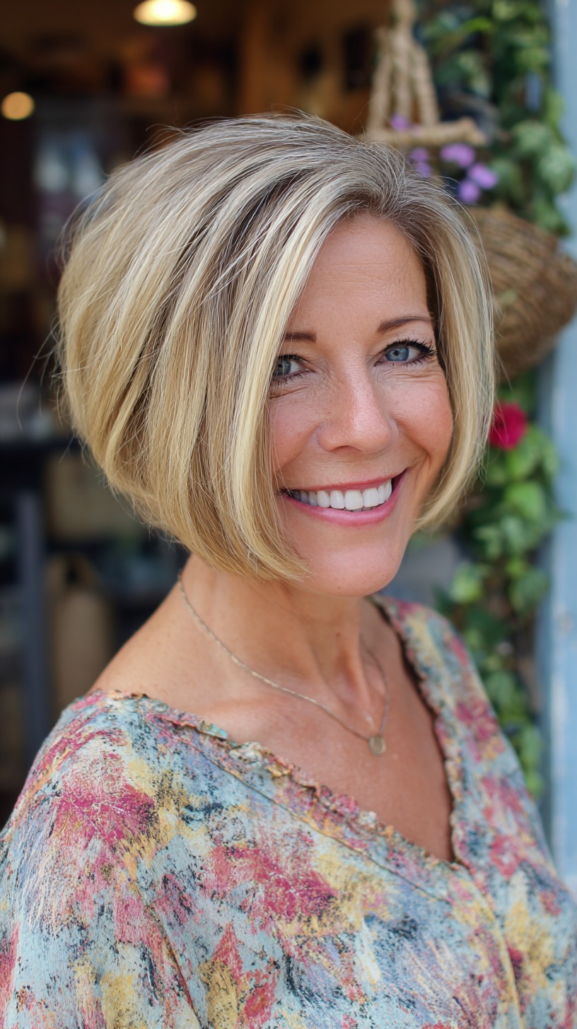 Blonde Angled Chin-Length Bob with Subtle Root Shadow