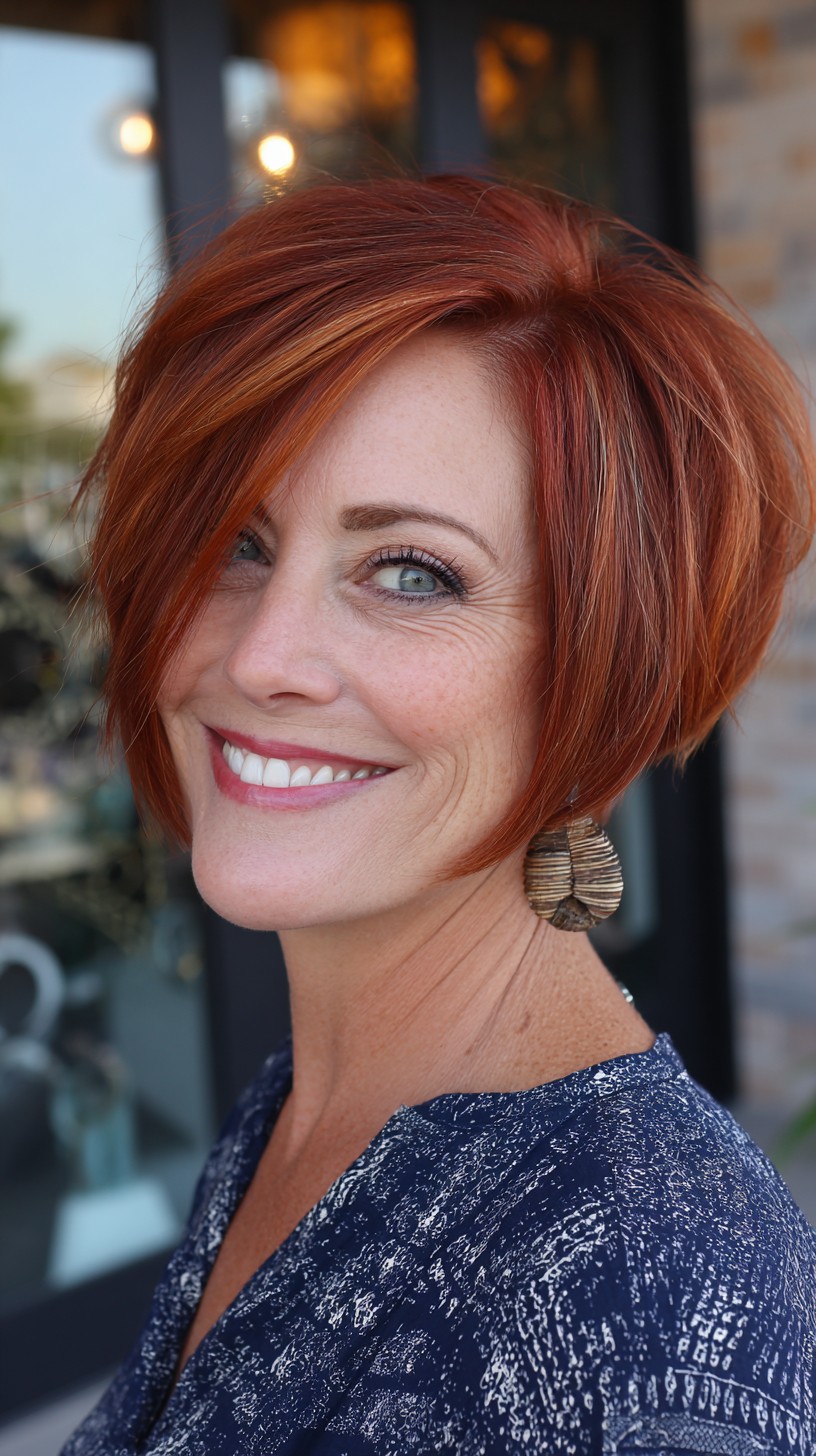 Brisk Copper Chin-Length Angled Bob with Micro-Lit Face-Framing