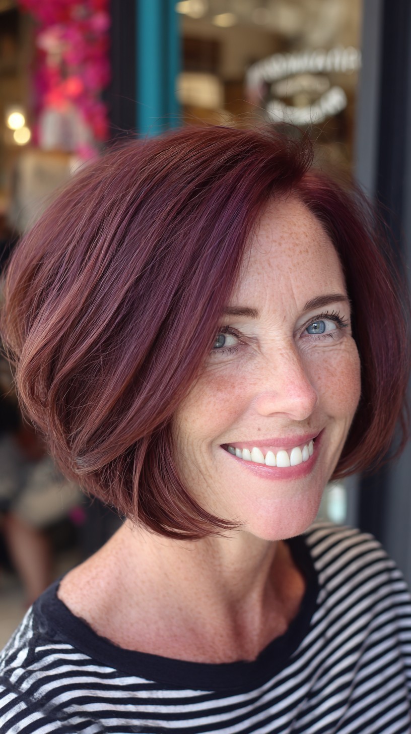 Burgundy Side-Parted Chin-Length Angled Bob with Soft Interior Graduation