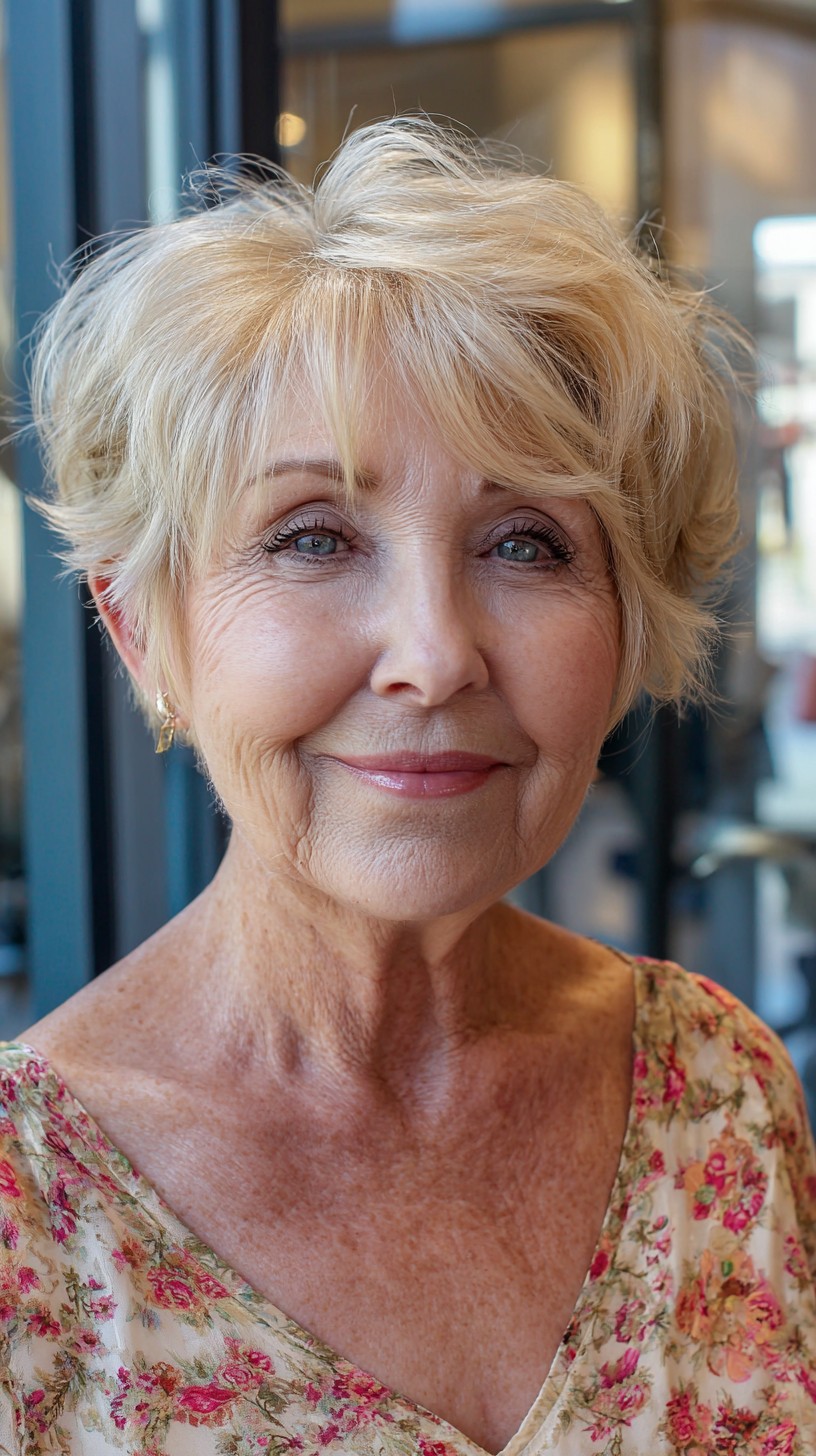 Champagne Blonde Pixie Shag with Feathered Crown and Side-Swept Fringe