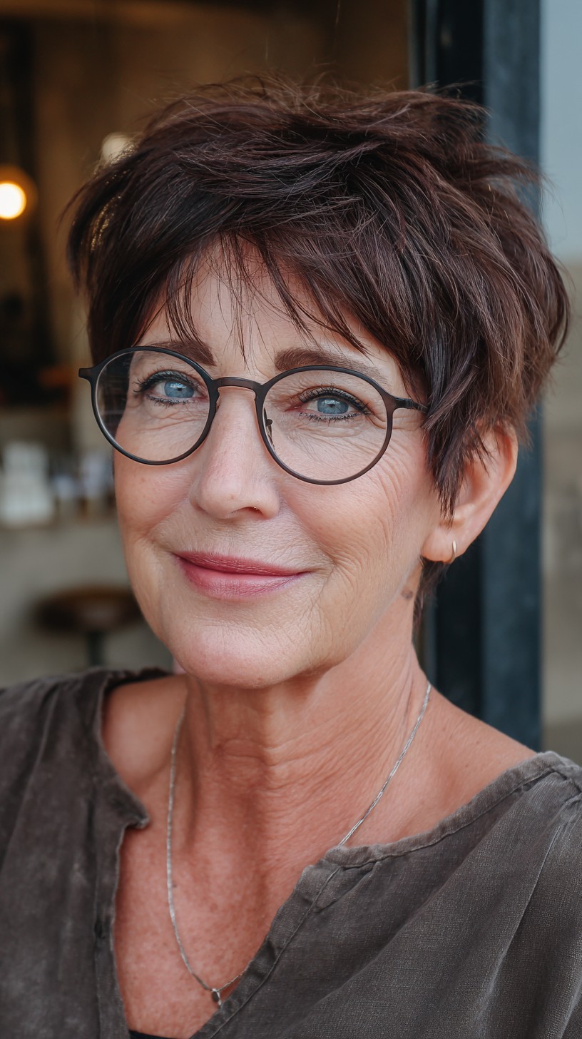Chestnut Layered Pixie with Feathered Crown and Glasses-Friendly Fringe
