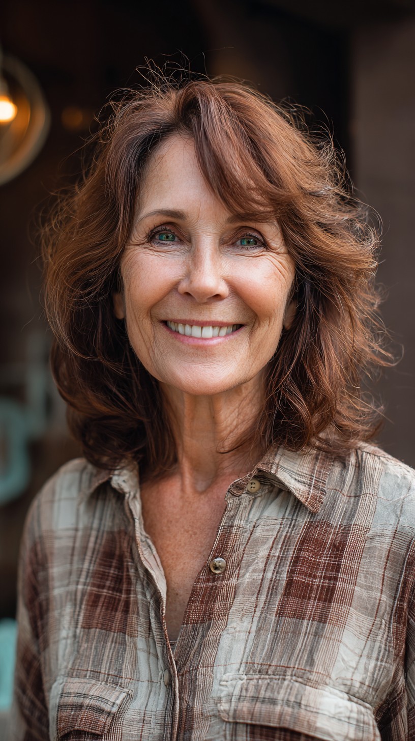 Chestnut Layered Shag with Soft Side-Swept Fringe and Crown Lift