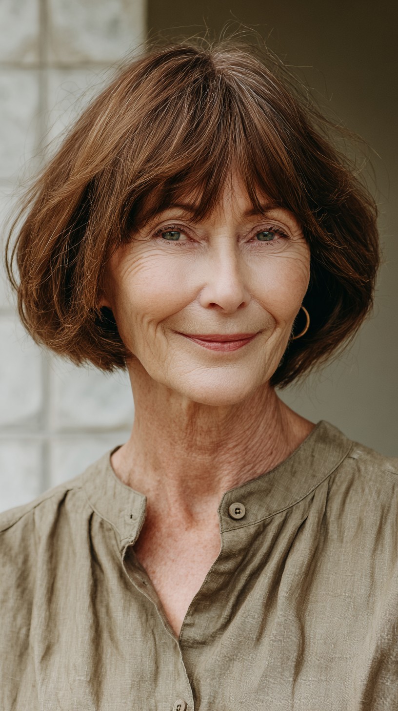 Chestnut Rounded Jaw-Length Bob with Sheer Gray Root Peek