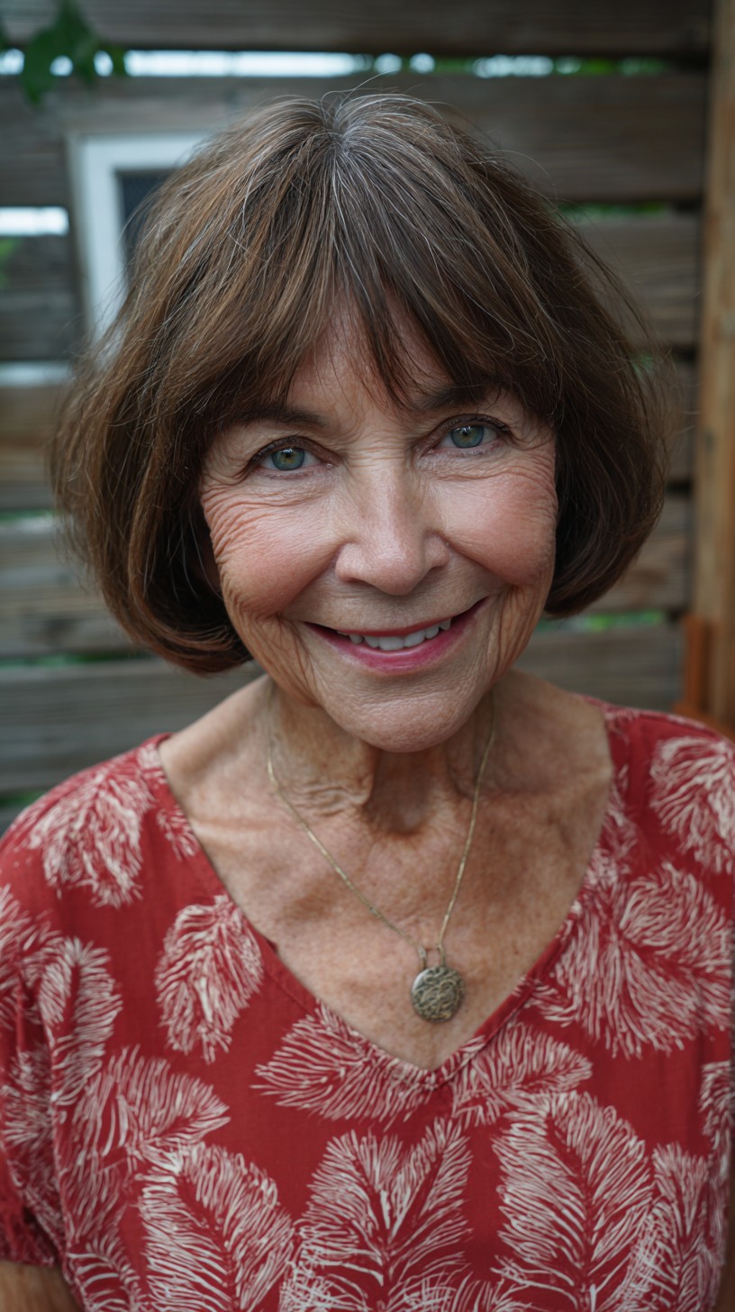 Chestnut Rounded Jaw-Length Bob with Silver Root Peek