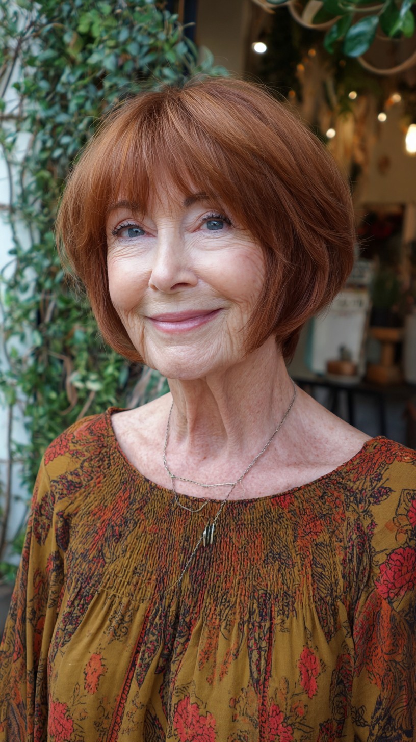 Chestnut Stacked Jaw-Length Bob with Soft Curtain Fringe