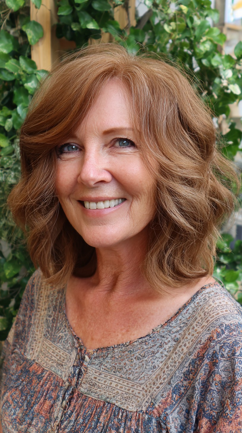 Chestnut Textured Shoulder-Grazing Lob with Side-Swept Curtain Part