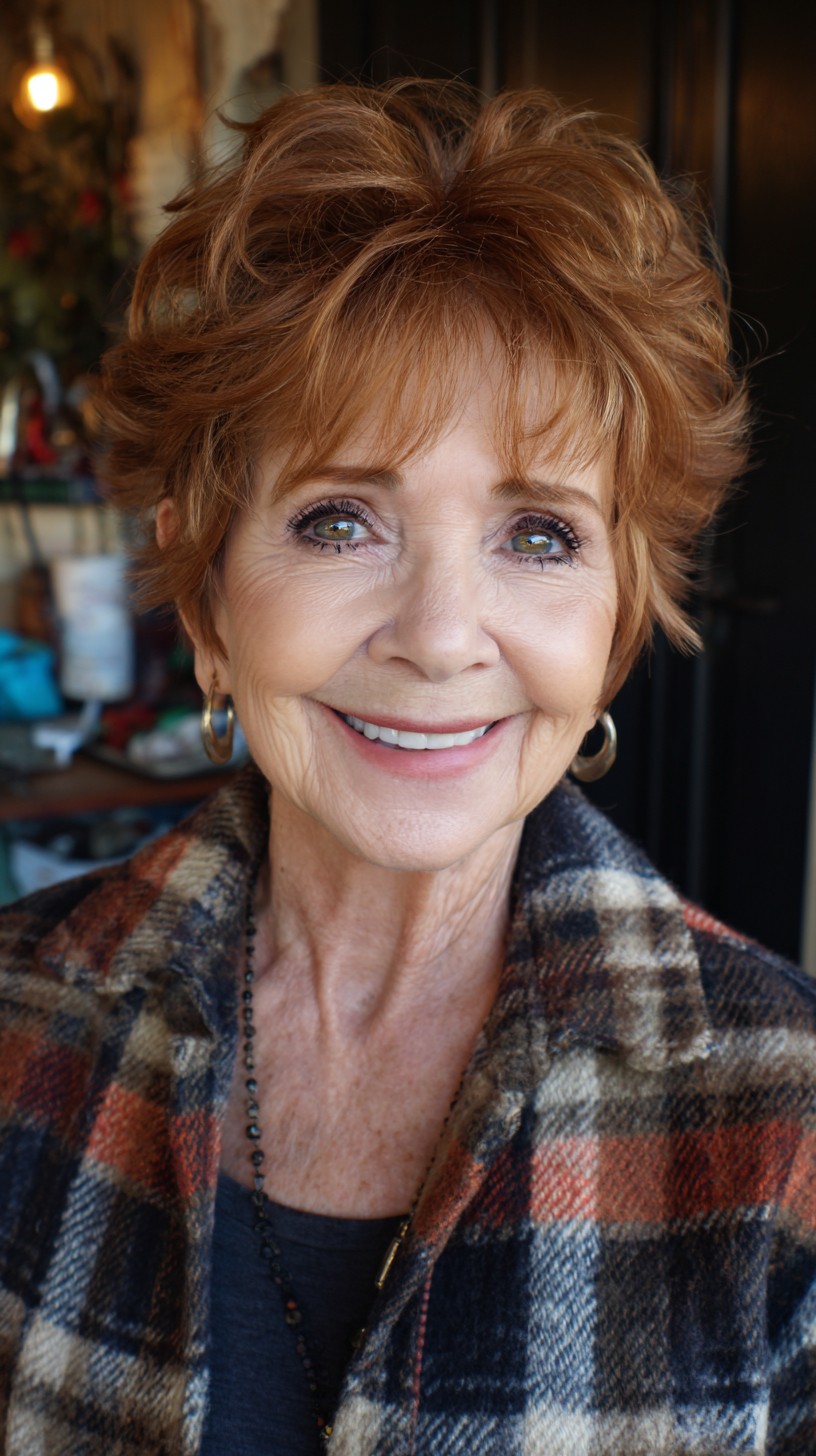 Cinnamon Copper Pixie Shag with Lifted Crown and Soft Micro-Fringe