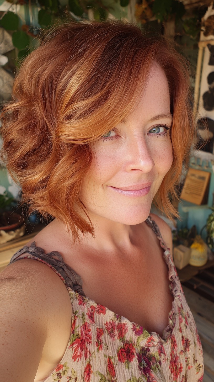Copper Textured Angled Bob with Soft Face-Framing Layers