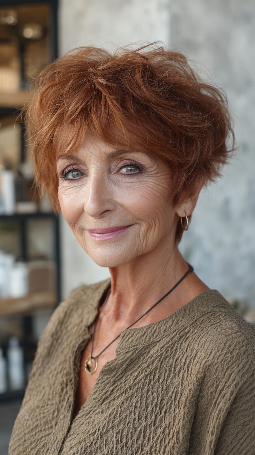 Cropped Copper Pixie Shag with Feathered Micro-Bang and Lifted Crown