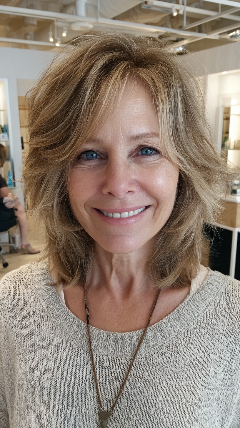 Feathered Layered Mid-Length Cut with Lifted Crown and Curtain Fringe