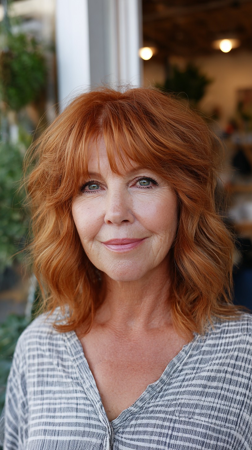 Ginger Copper Shoulder Shag with Feathered Curtain Fringe