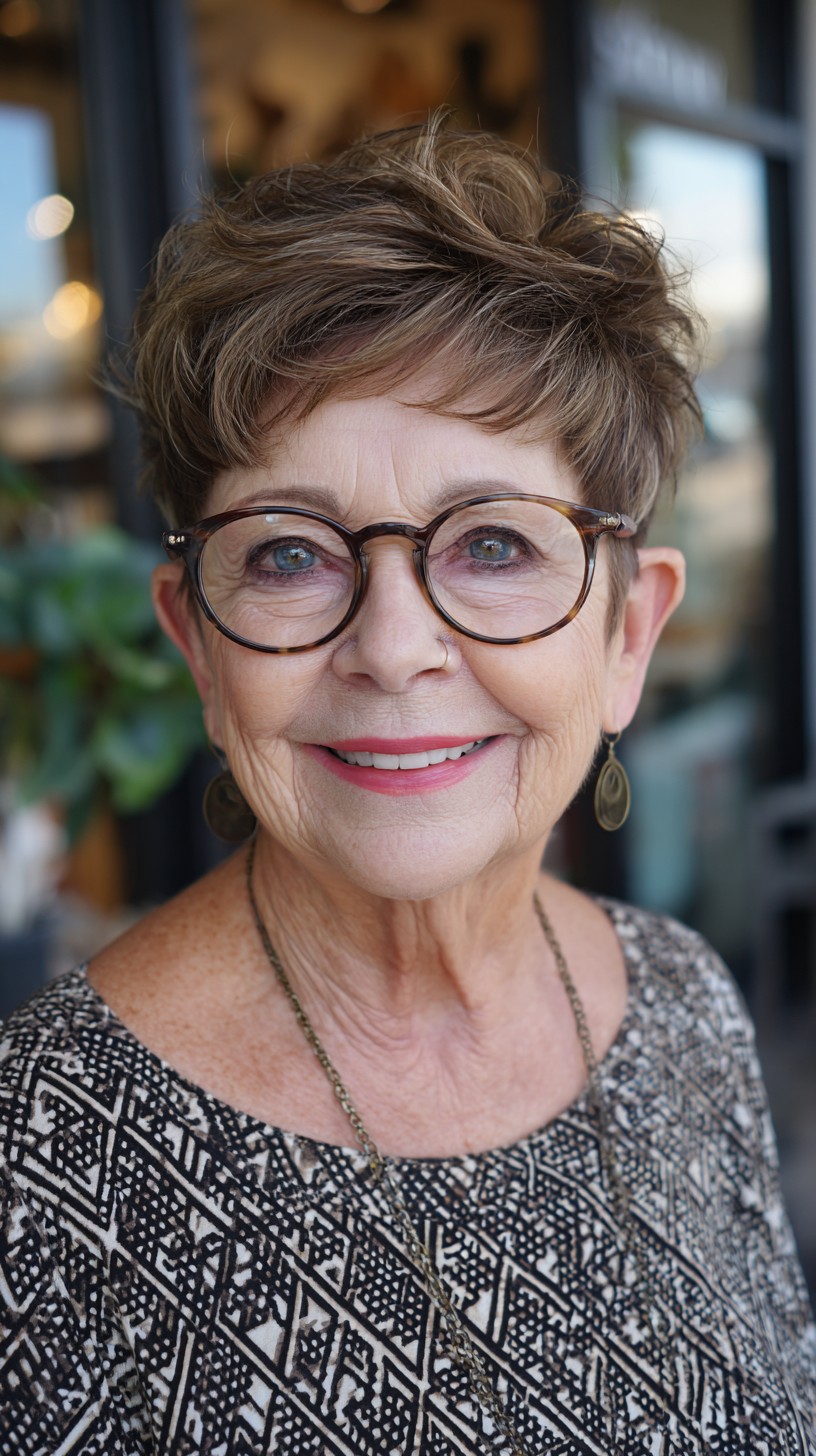 Lifted Short Pixie with Tapered Sides and Glasses-Framing Fringe