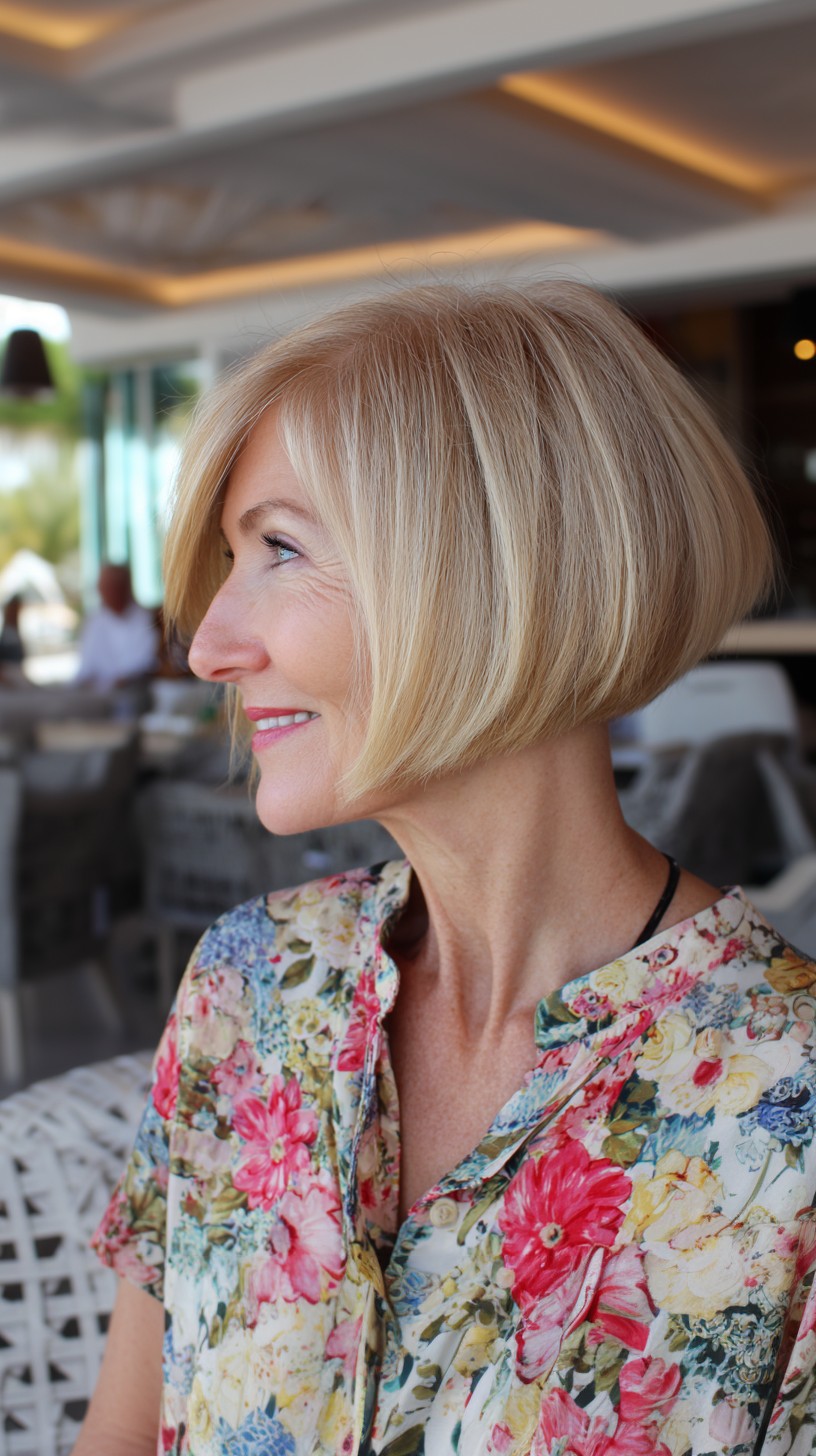 Light Blonde Graduated Angled Bob with Long Side Fringe
