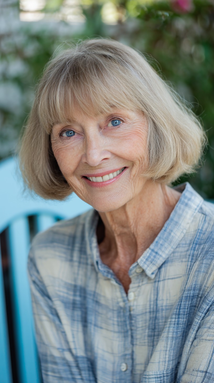 Light Silver Jaw-Length Bob with Blunt Curtain Bangs