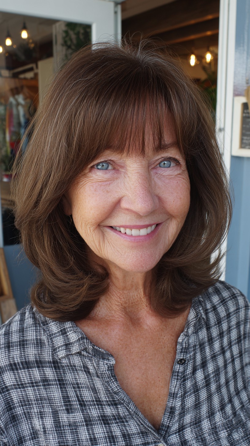 Medium Chestnut Lob with Feathered Interior Graduation and Sheer Micro-Fringe