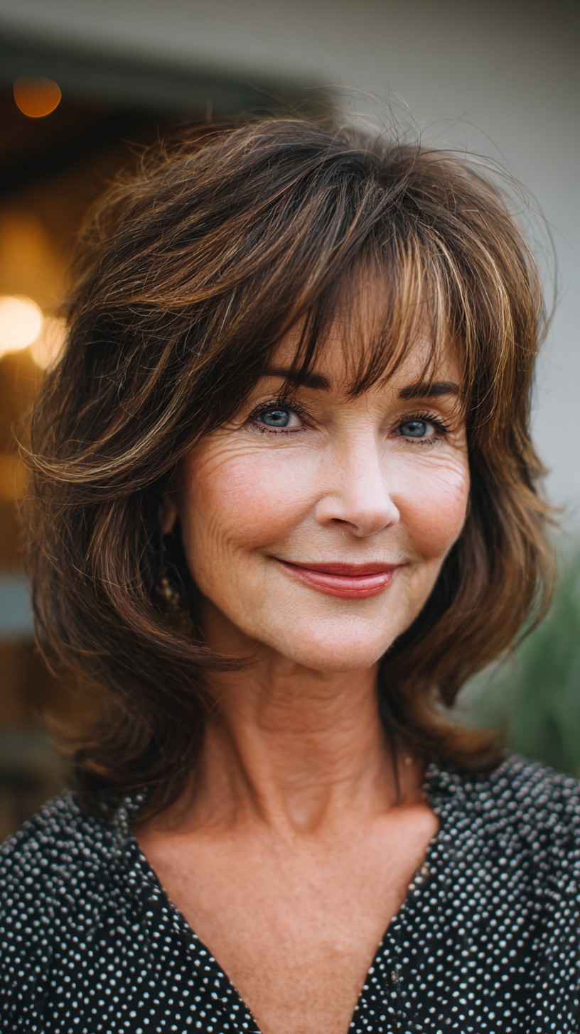 Medium-Short Shaggy Layered Cut with Feathered Bangs and Caramel Lowlights