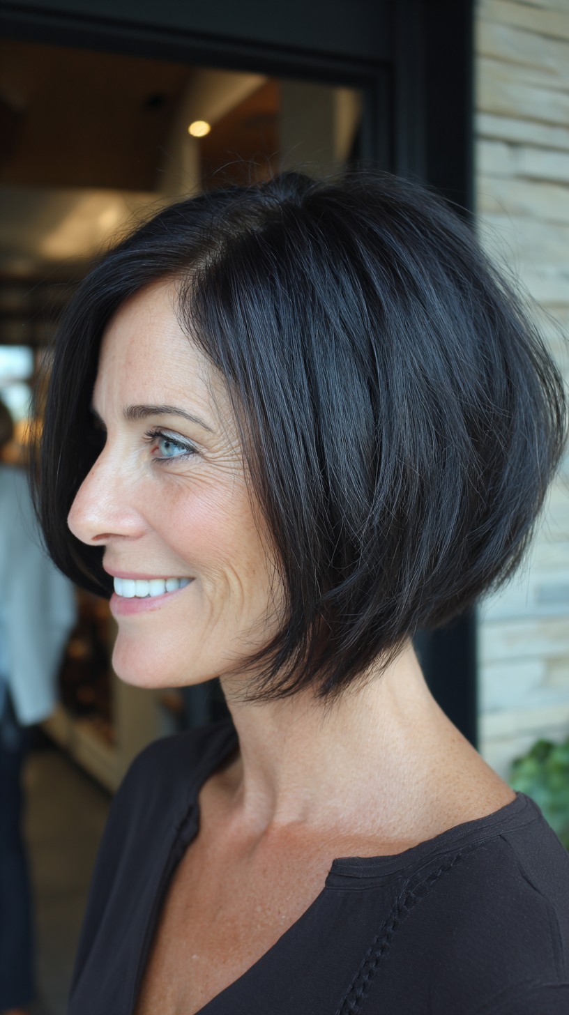 Midnight Brunette Forward-Weighted Angled Bob with Interior Graduation