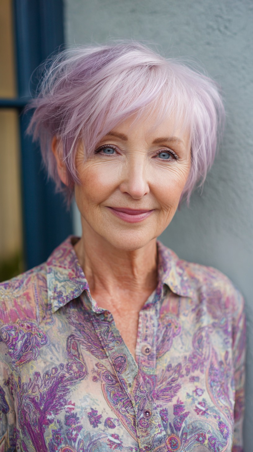 Pastel Lavender Textured Pixie Shag with Feathered Fringe