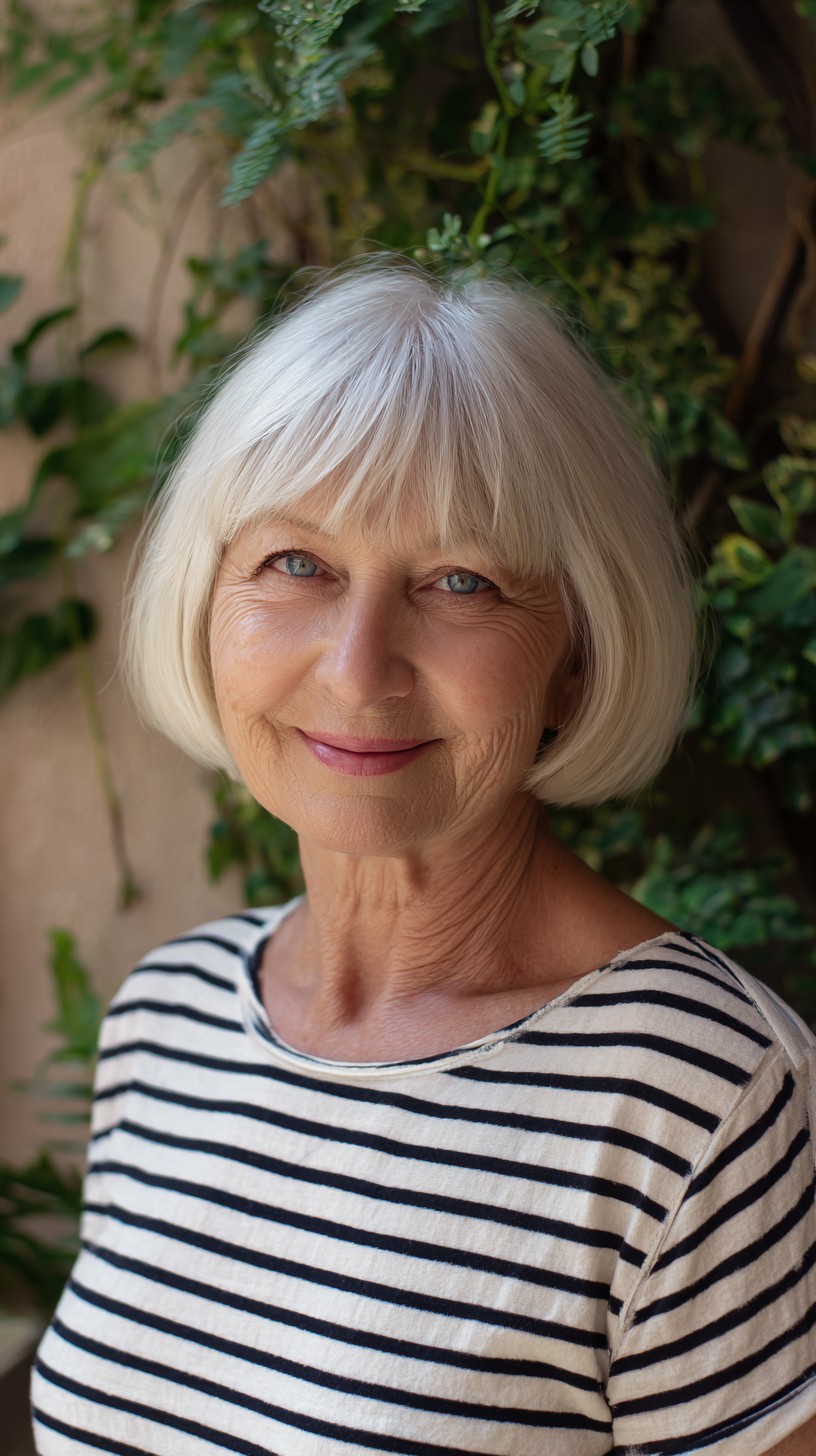 Platinum Jaw-Length Blunt Bob with Delicate Curtain Fringe