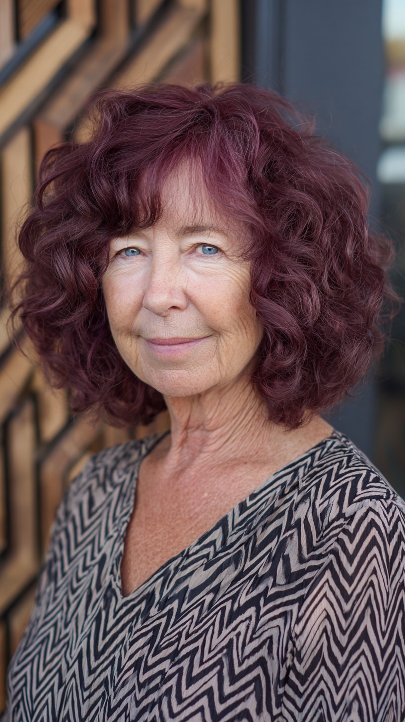 Plum Curly Chin-Length Bob with Wispy Fringe