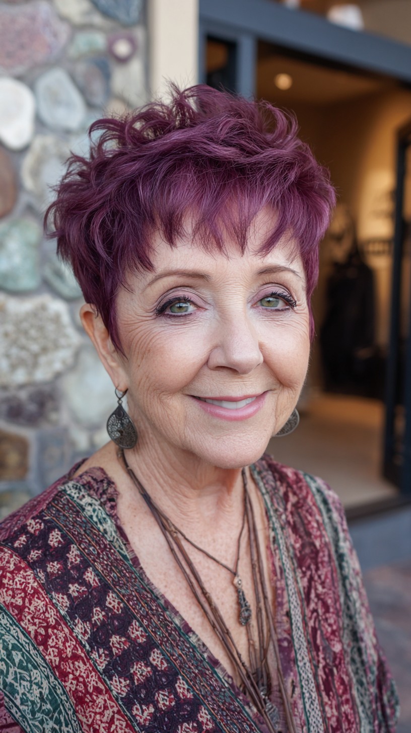 Plum Textured Pixie Shag with Choppy Micro-Fringe