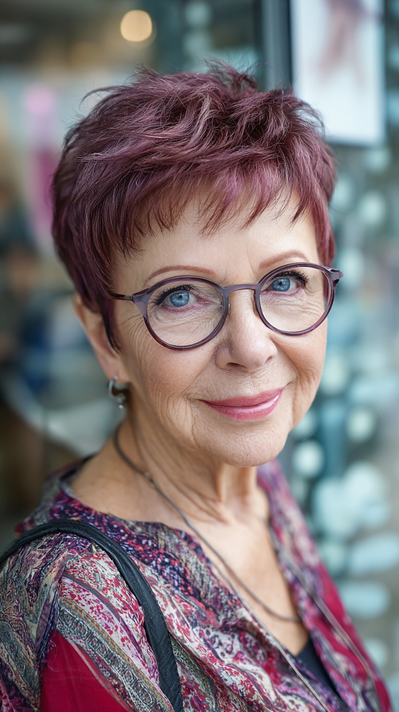 Plum-Tinted Textured Pixie with Soft Crown Lift