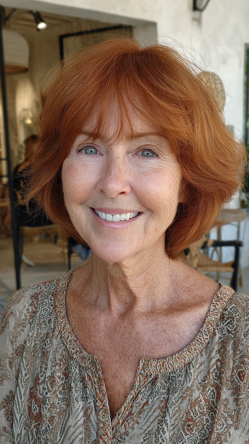 Radiant Copper Rounded Jaw-Length Bob with Sheer Curtain Bangs