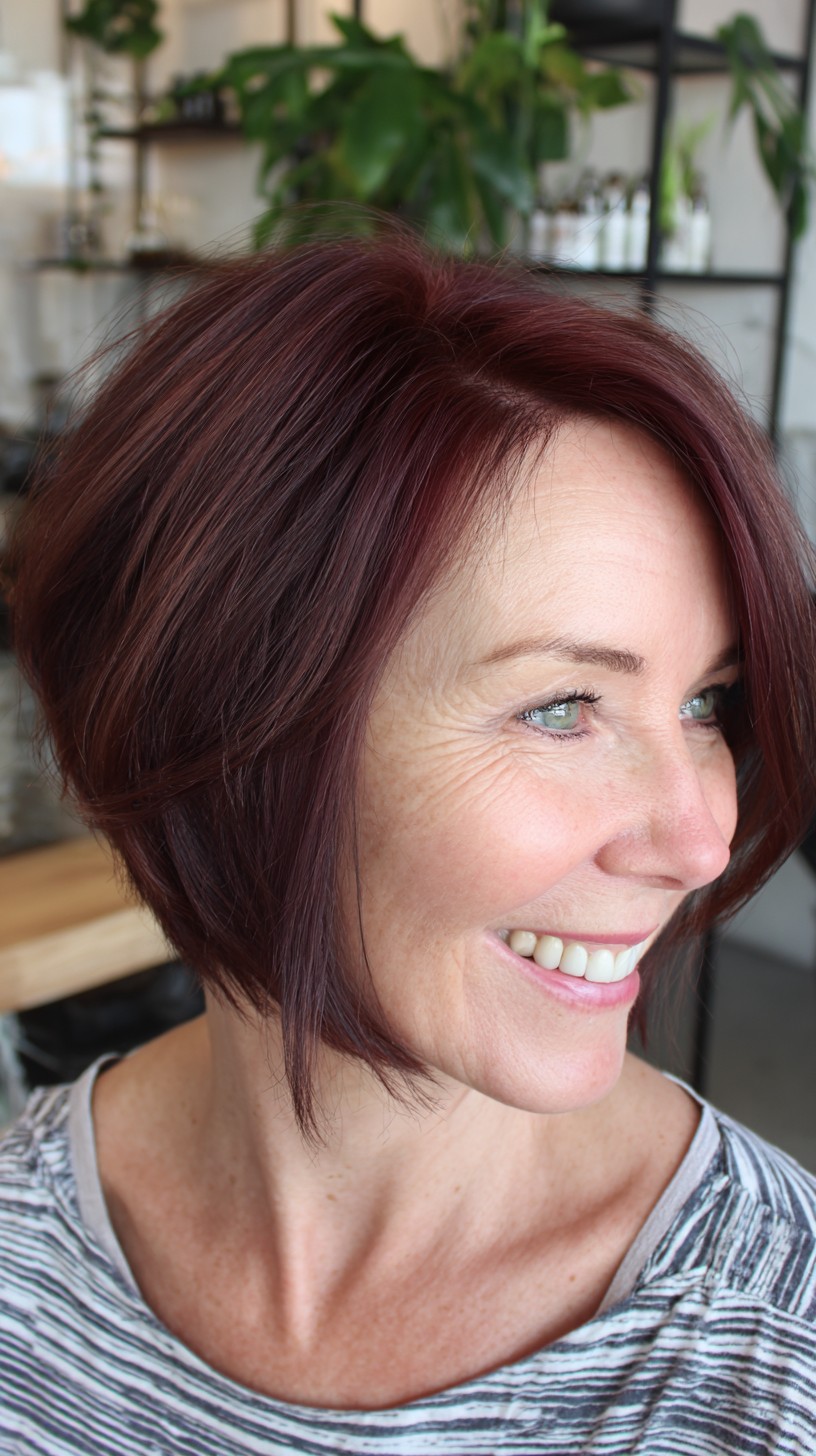 Rich Auburn Angled Chin-Grazing Bob with Face-Skimming Layers