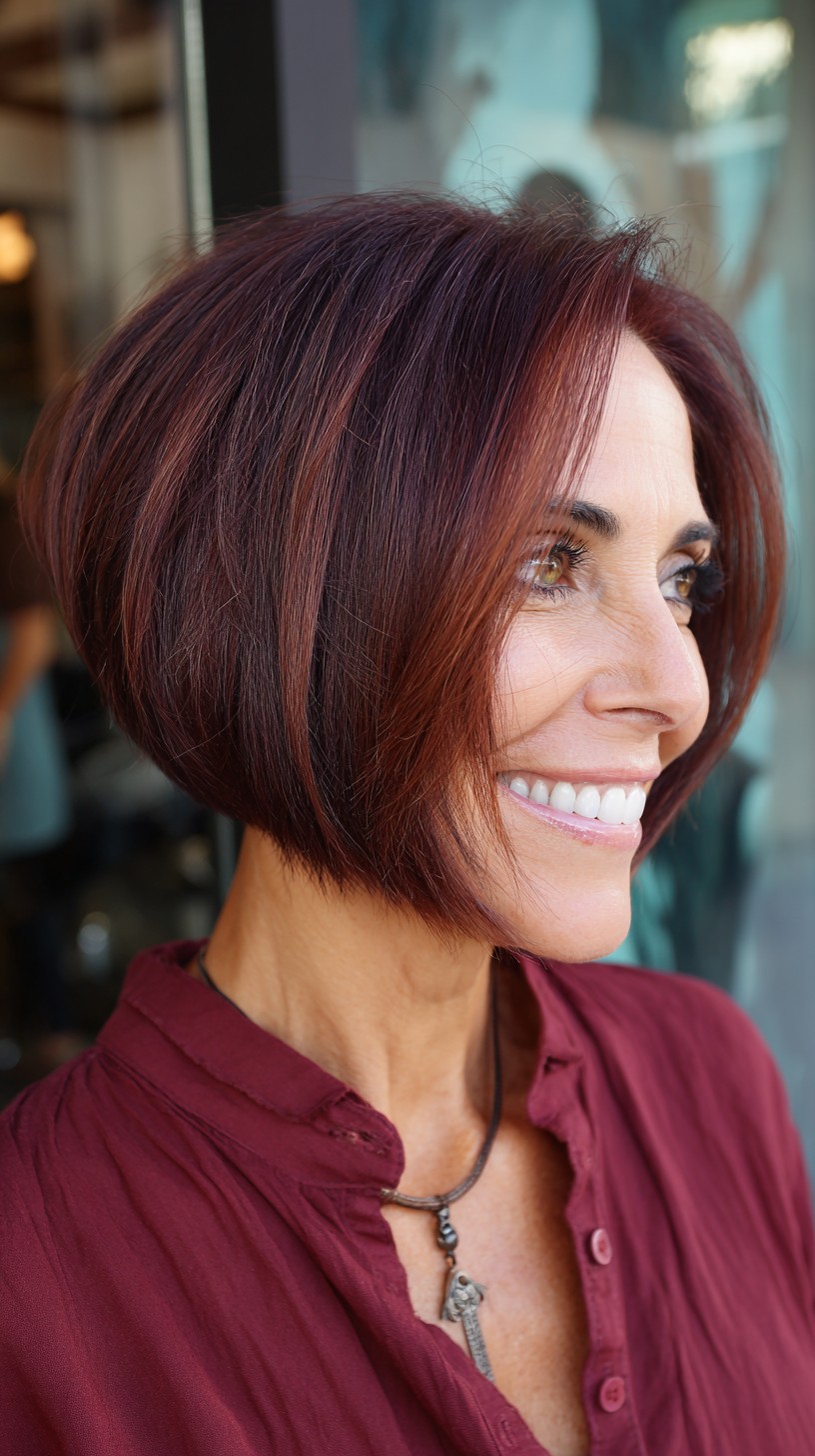 Rich Burgundy Forward-Weighted Chin-Length Bob with Subtle Lowlights