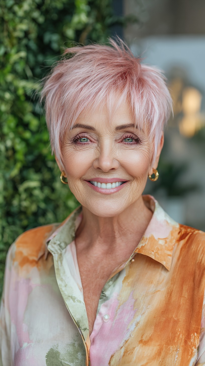 Rose-Pearl Textured Pixie Shag with Feathered Micro-Fringe