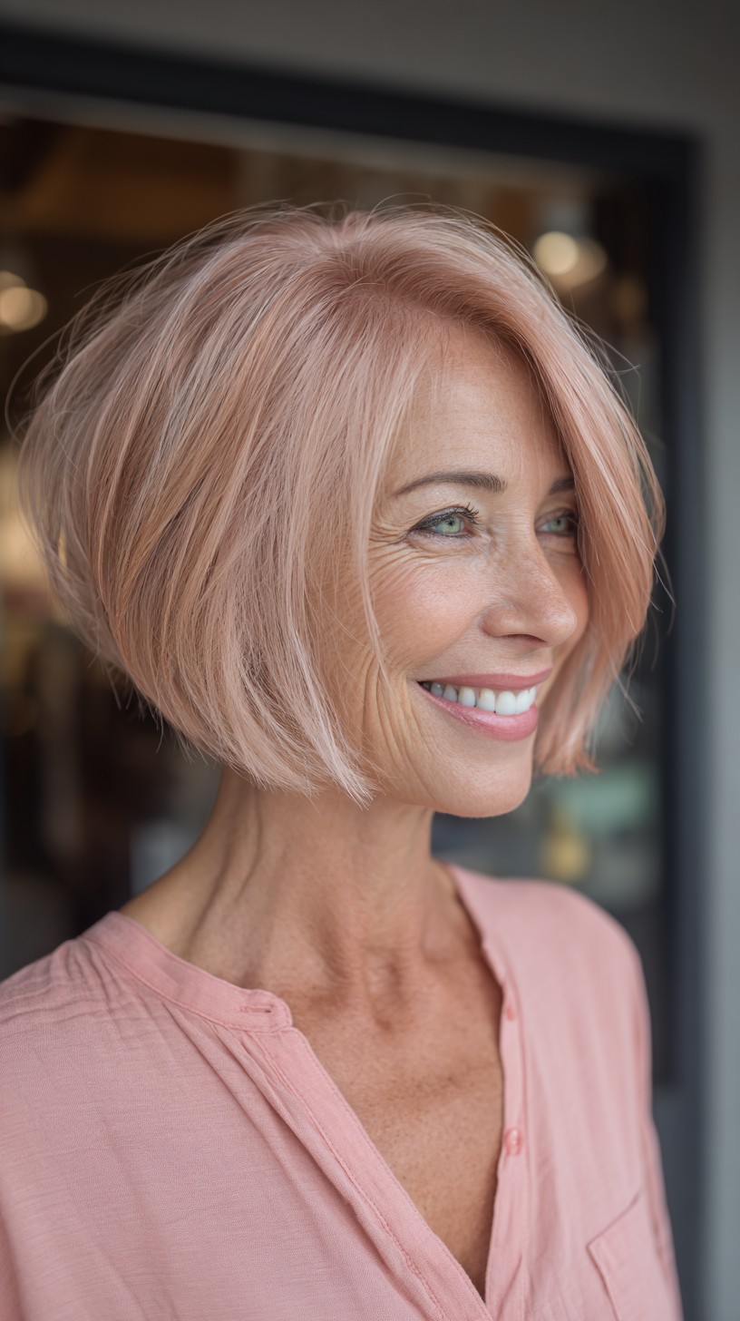Rosy Pastel Forward-Weighted Angled Bob with Subtle Interior Stack