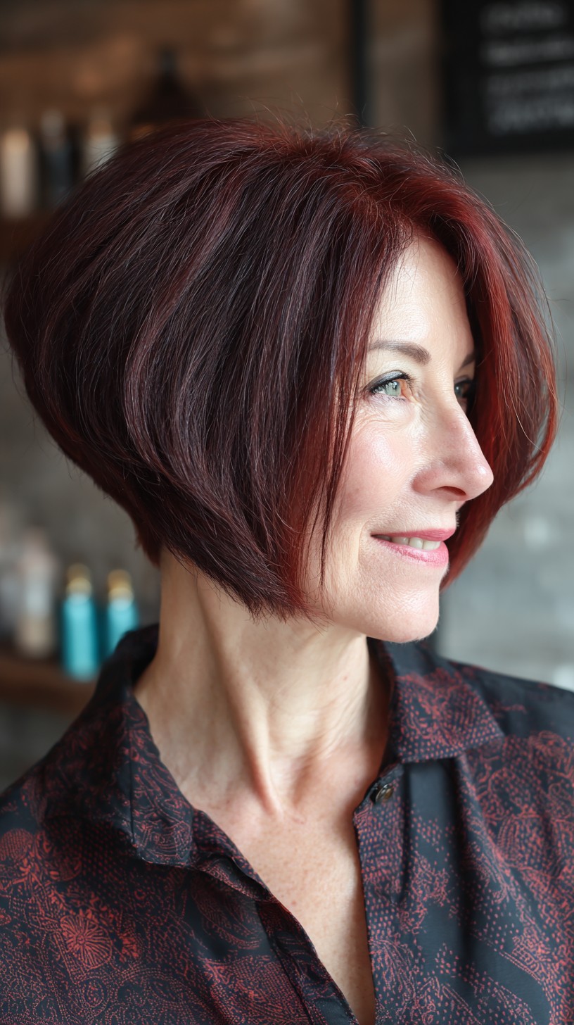Rounded Angled Red Bob with Lifted Nape and Soft Face-Framing